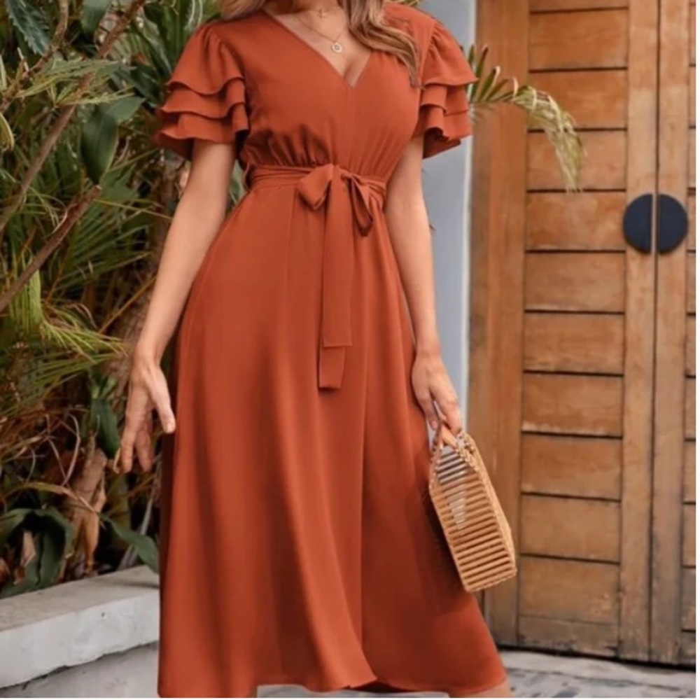 Boho Rust V neck layered Sleeve Midi Dress - Picture 14 of 15